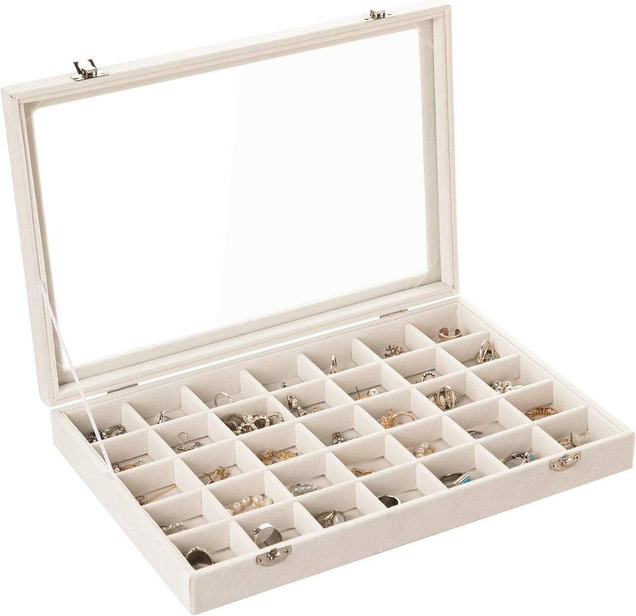 Velvet Jewelry Tray,35 Grid Jewelry Organizer with Clear Lid,Earring Holder Organizer Case with Clasp,Drawer Insert for Rings Studs,13.8 x 9.5 x 2 Inches,Gift for Women Girls(Beige)